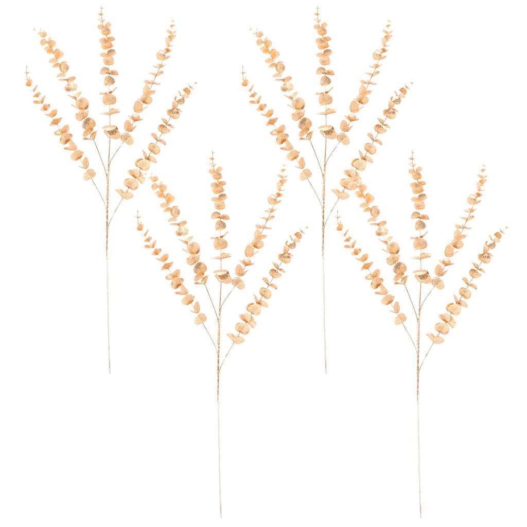 4Pcs Gold Tone Eucalyptus Stem Artificial Eucalyptus Leaves Stems Real Touch Faux Branches for DIY Home Decor Bookshelf Counter