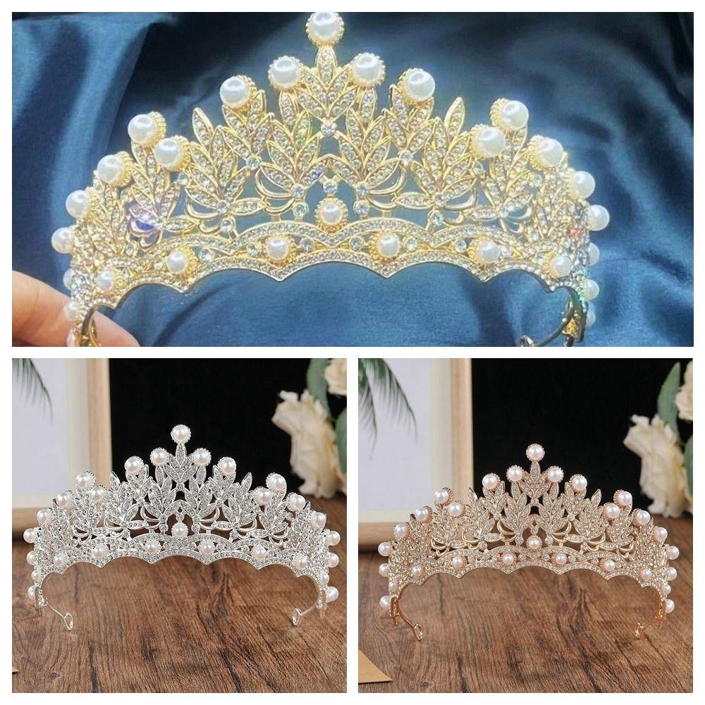 Silver Rhinestone Tiara Gold Pearl Tiaras Temperament Bride Crown  Princess