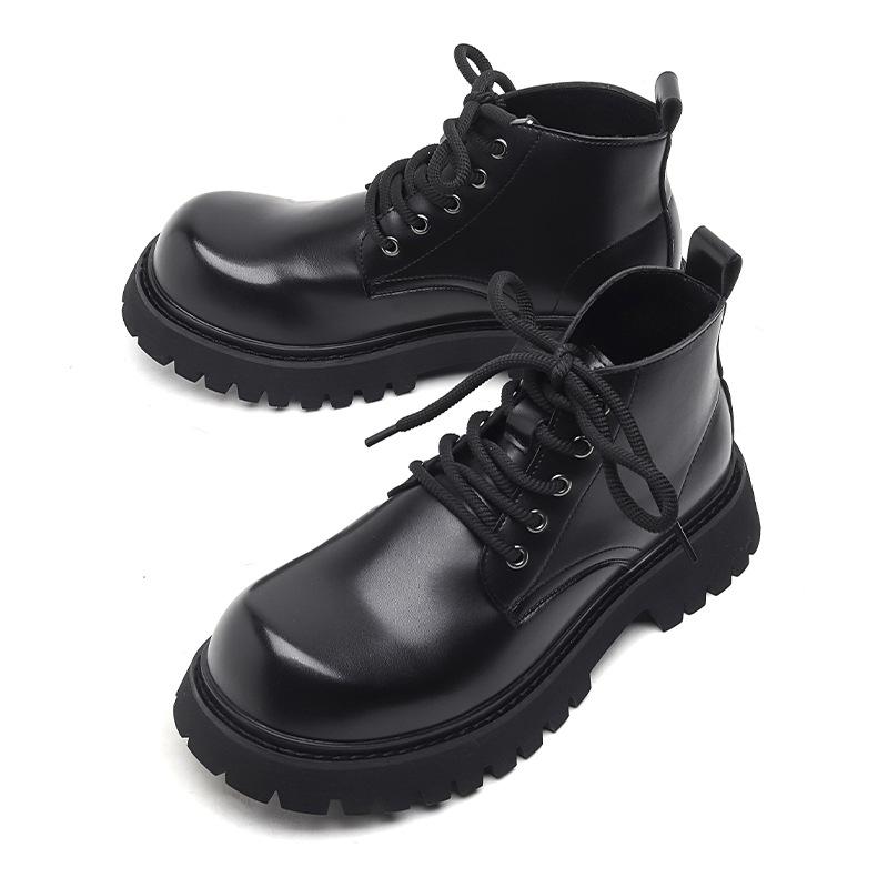 Men's Casual Business Office Platform Boots Lace-up Natural Leather Shoes Cowboy Ankle Boot Black Trendy Autumn Winter Botas Man