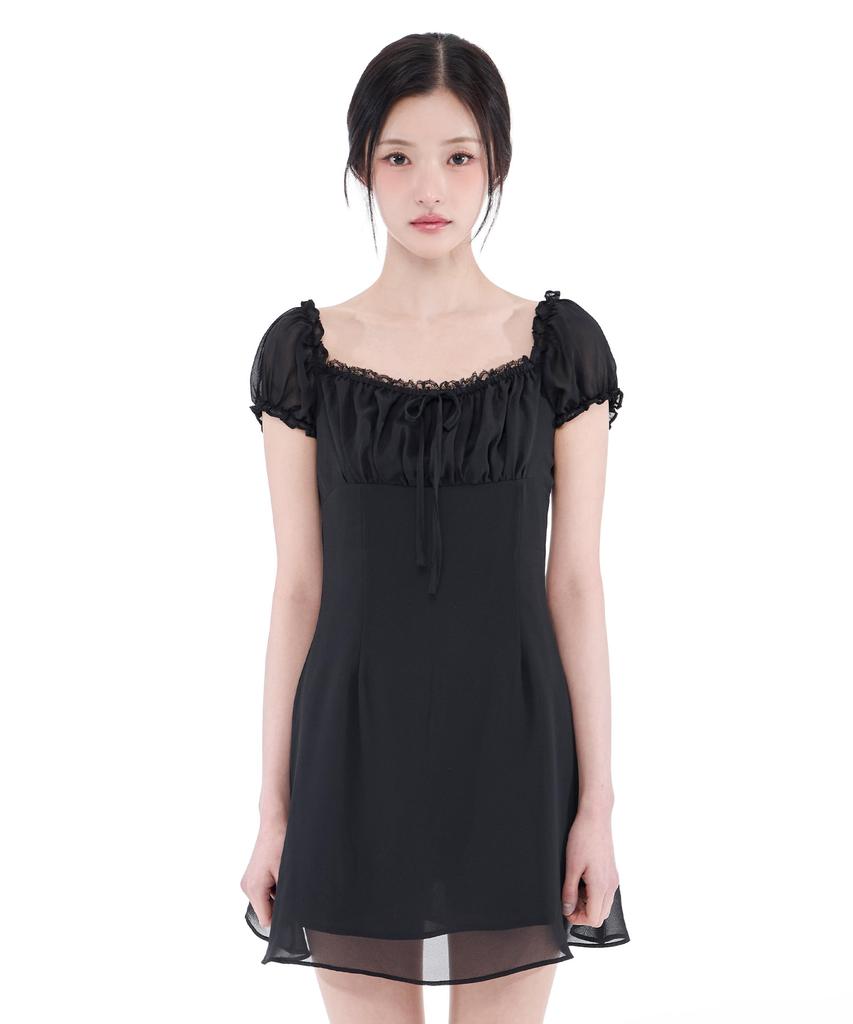 Alkialka Puff Chiffon Mini Dress (Black)