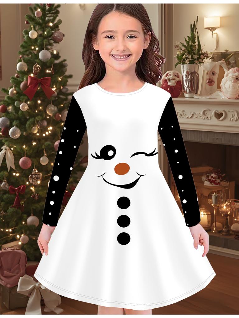Mädchen Herbst- und Wintermodekleid, 3D Weihnachtsprint Rundhalsausschnitt Lang Kinder-T-Shirt-Kleid, Lässig Vielseitig, Weihnachtskleidung