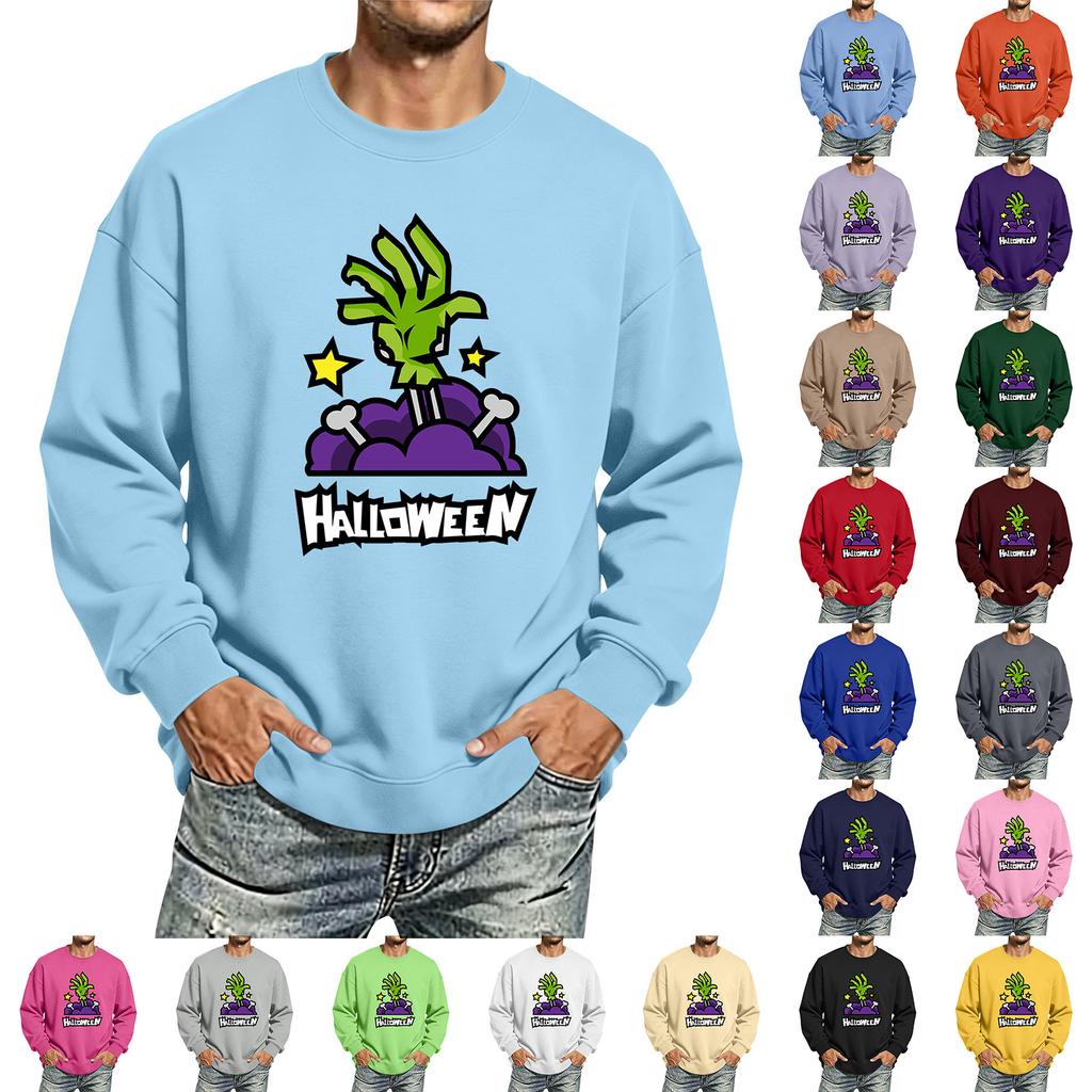 Men's Halloween Printed Long Sleeve T-Shirt Unisex Crewneck Casual Sports Top