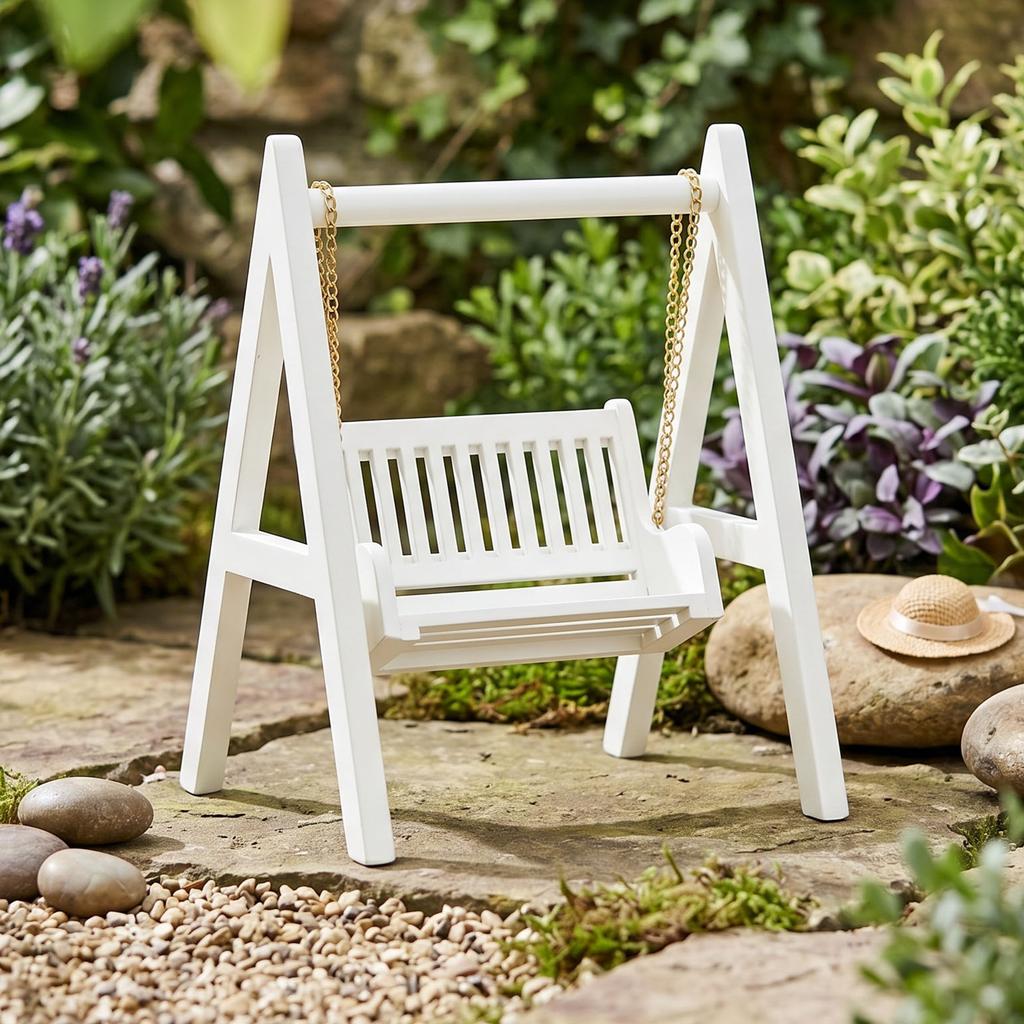 1:12 Scale Miniature Swing Vintage White Wooden Porch Swing Doll House Furniture Mini Garden Backyard Decor