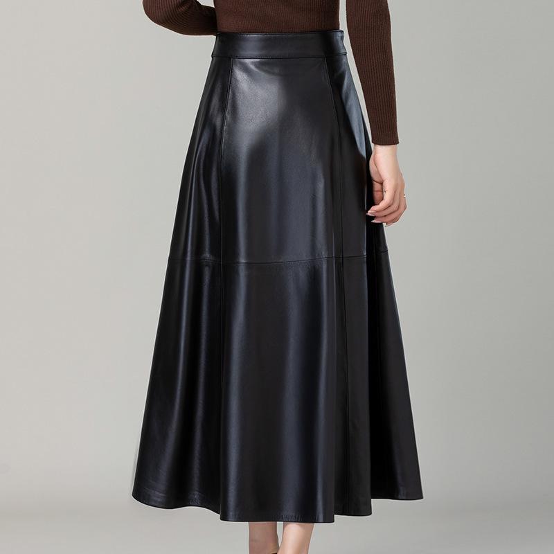Genuine Leather A-Line High Waist Skirt for Women - Spring/Autumn Sheepskin Umbrella Skirt