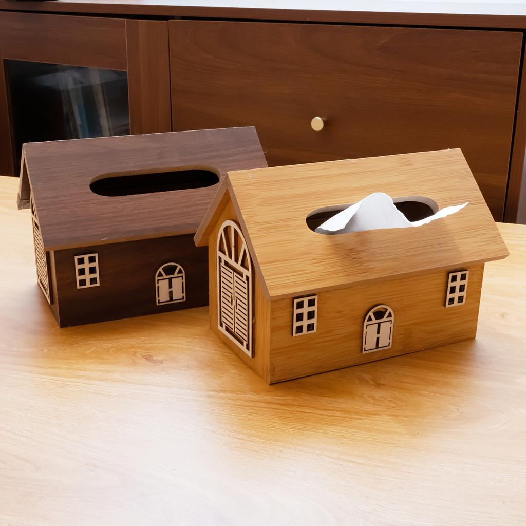 Wood Grain House,Shaped Tissue Box, Modern Country BB Design with Wooden Jute Rope Tray,Nightstand Deco,rMultipurpose Vintage Style Storage Box