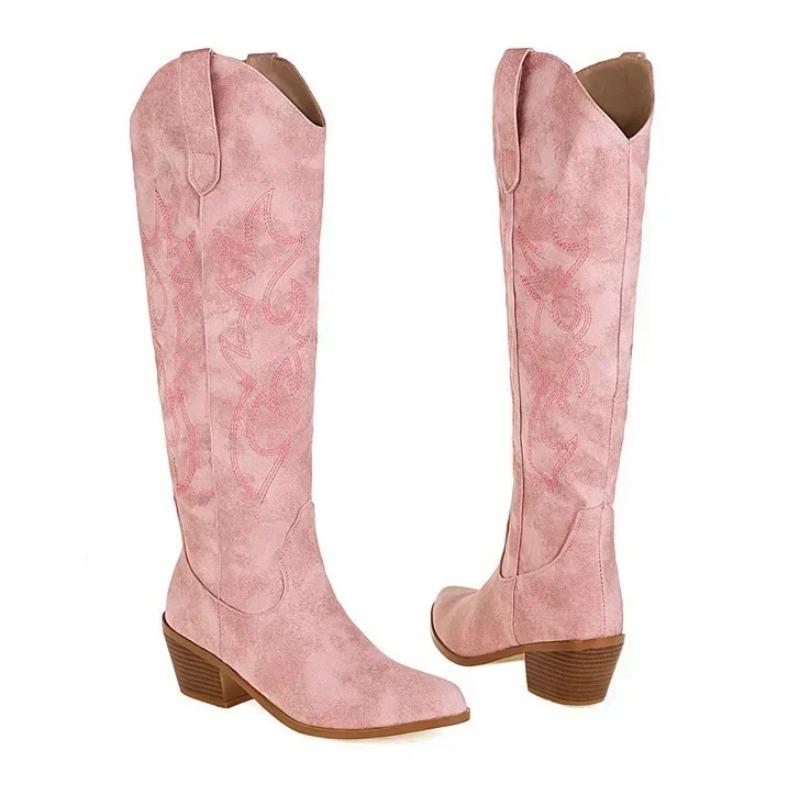 Pointed Toe Knight Boots for Women Brown PU Leather Knee High Boots Woman  Autumn Winter Western Cowboy Long Botas Mujer 2024