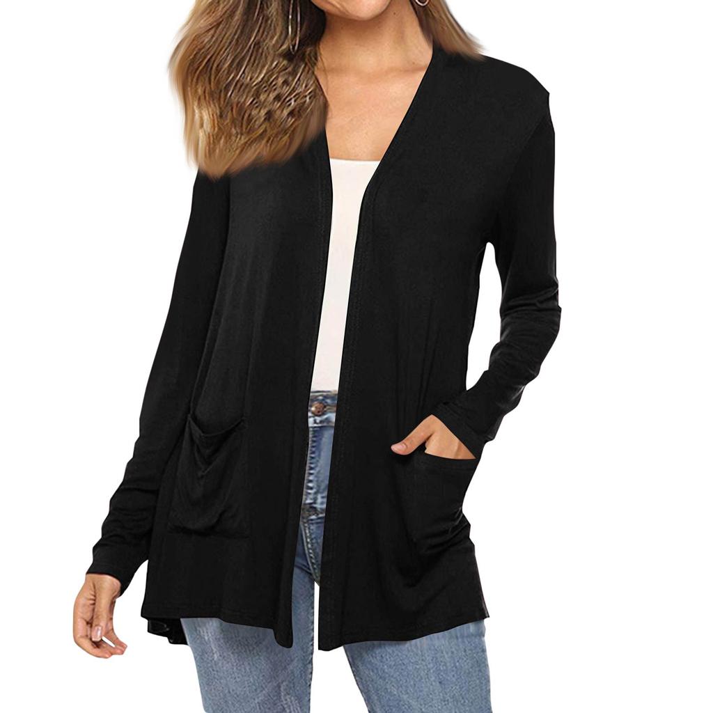 Women's Fashion Solid-Colour Long-Sleeved Pocketed Slim-Fit Cardigan Jacket