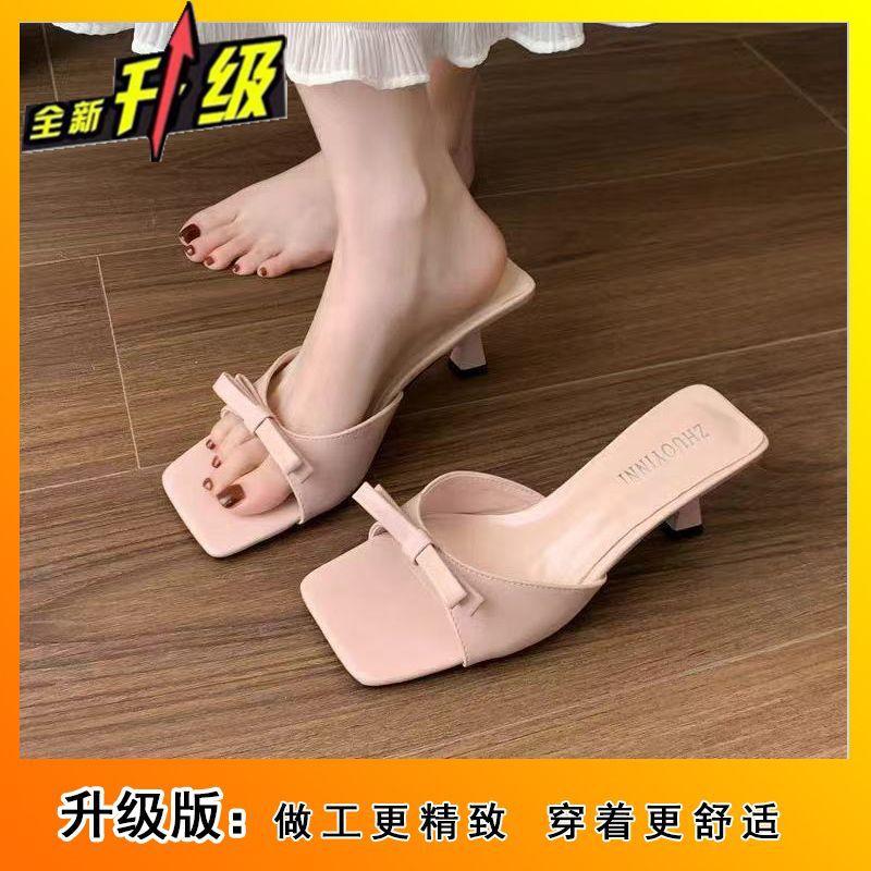 Breathable and lightweight medium heel stiletto sandals summer 2025 new elegant French non-slip bow cool slippers