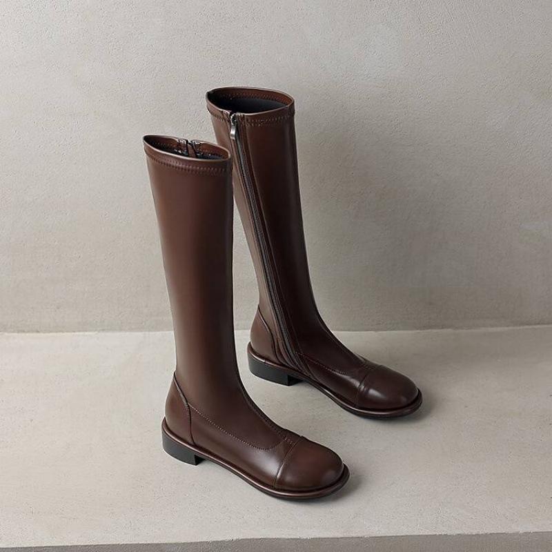 Autumn and Winter Women's Side Zipper High Boots Rubber Sole Middle Heel Round Head Korean Version Square Heel Leather Boots New Martin Boots Women