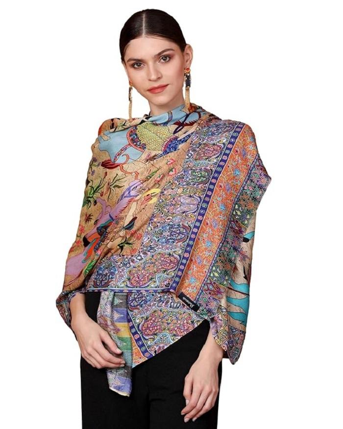 Handmade Womens Fine Soft Bamboo Stole Shikaardar Wool Print Design