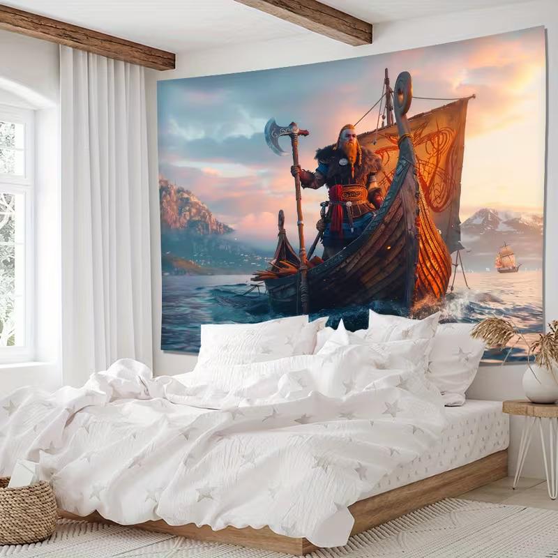 2D Wikingerkrieger Wandteppich, Langschiff am Meer Wandkunst für Heimdekoration