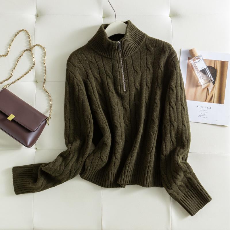 

2025 Puyuan Autumn/Winter Wool Cable Knit Stand Collar Zip-Up Sweater for Women - Soft Texture Large