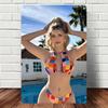 HD Tin Sign Charming Blonde In Colorful Checkered Bikini by Pool Retro Metal Wall Decor for Man Cave Beach House Decor