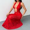 Women's Sexy Solid Color Halter Neck Hollow Out Sheer Lace Slim Fit Mermaid Maxi Evening Party Dress