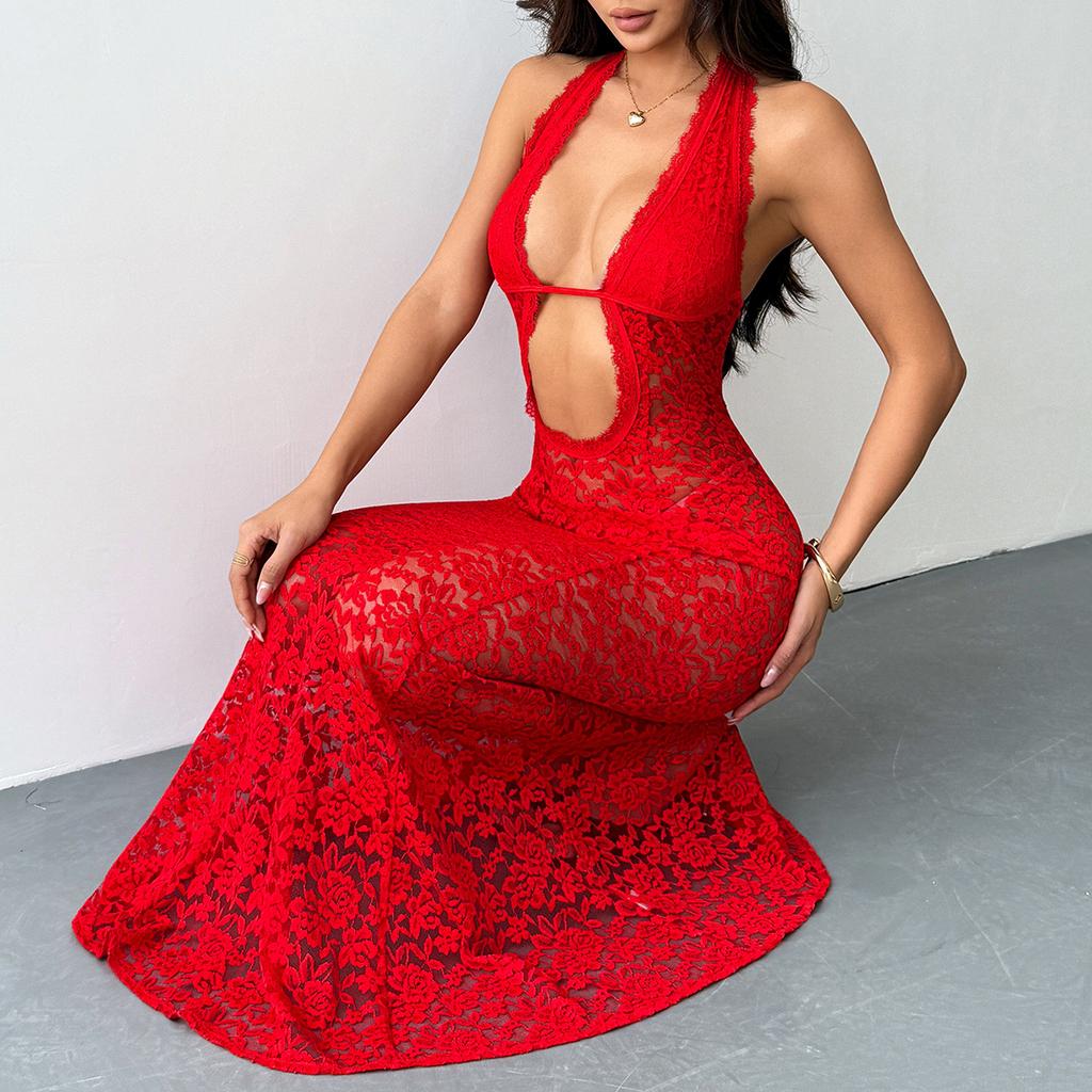 Women's Sexy Solid Color Halter Neck Hollow Out Sheer Lace Slim Fit Mermaid Maxi Evening Party Dress