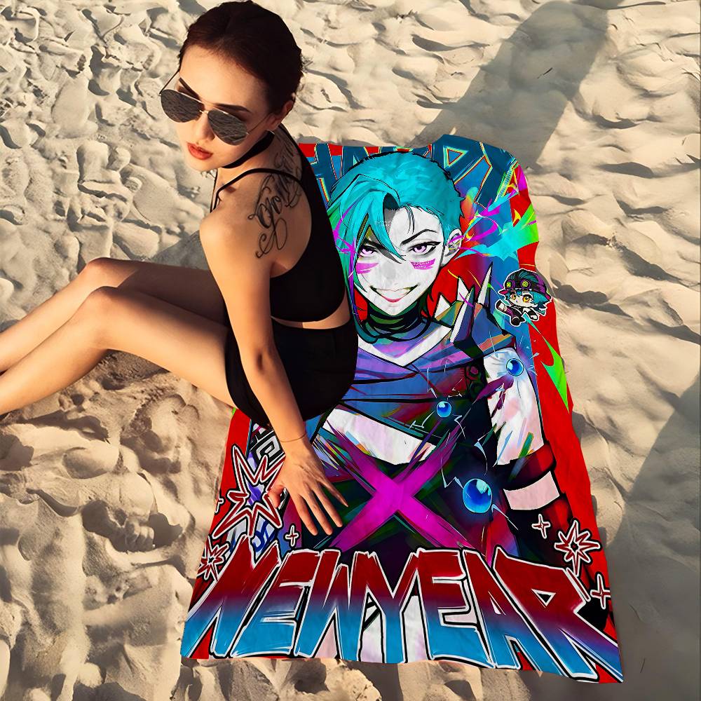 Cartoon Anime Game Arcane J-Jinx Main Art Bath Towel Microfiber Soft Water Absorbing Breathable For Kids Cartoon Beach Towel
