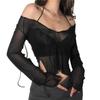Sexy Women Mesh Long Sleeved T Shirt with Adjustable Straps Black See Through V Neck Split Tops Ladies Summer Clothing