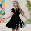 Girls Round Neck Flutter Sleeve Black Gold Geometric Printed A Line Flared Dress
