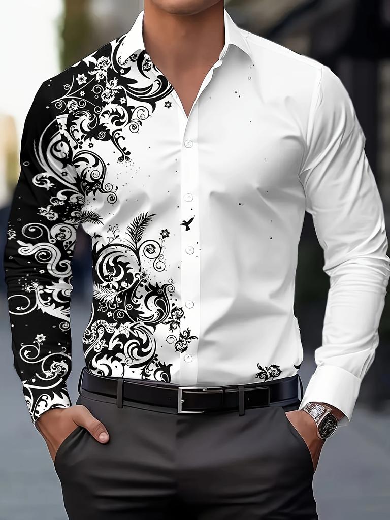 Camicie da uomo alla moda con stampa, per primavera e autunno, casual, traspiranti, con colletto, bottoni, manica lunga