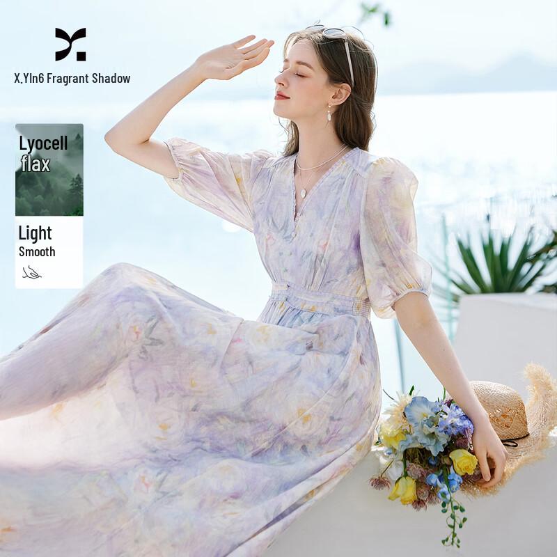 Women s V-Neck Ombre Print Tencel A-line Dress M