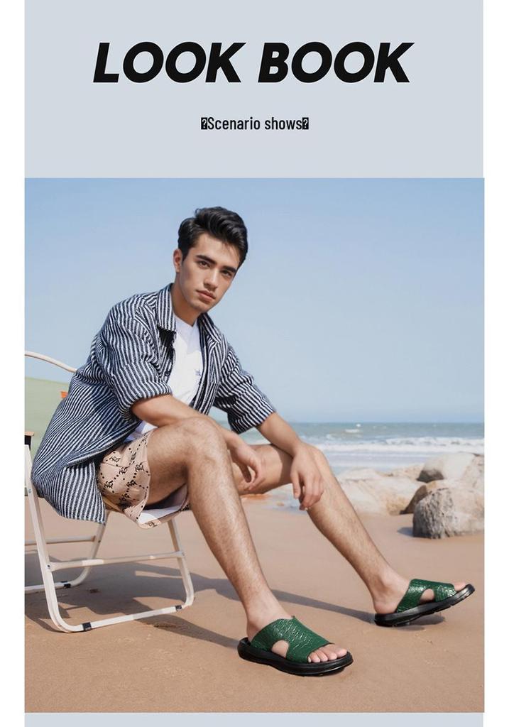Men's Crocodile Pattern Leather Beach Sandals - Non-slip, Wear-resistant, Soft Sole, Summer Slippers (Size 46)