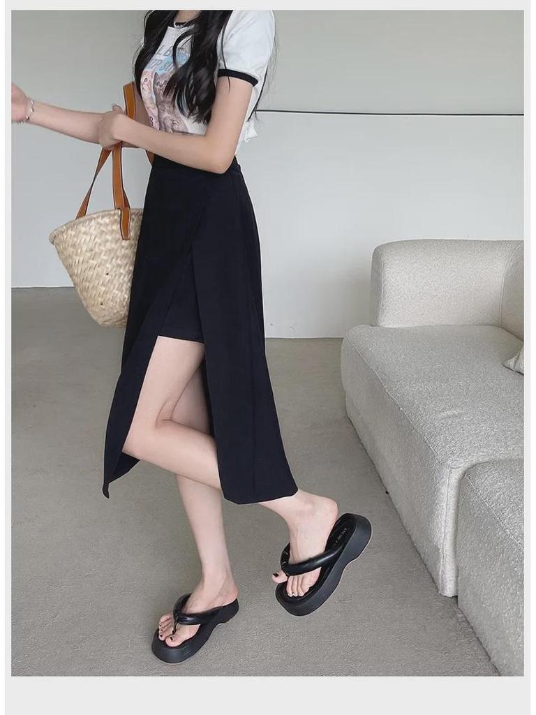 Women's A-Line Black Slit Skirt – High Waist, Slim Fit, Mid-Length, Autumn 2022 Collection