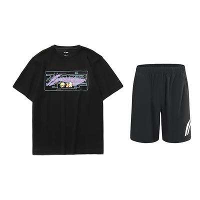 Cartoon Pattern Printed Short Sleeve T-Shirt Large Logo Solid Mark Mid Waist Five Point Shorts Casual Sports Set AHSUA23-2+YKSV197-2