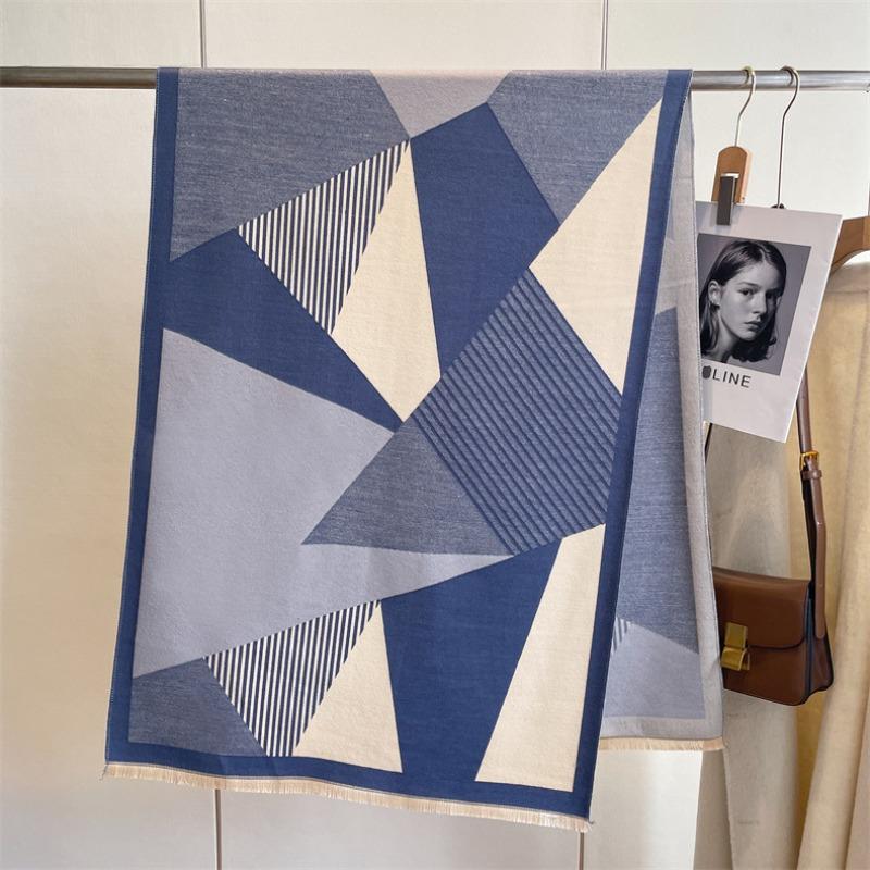 New Geometric Color Matching Imitation Cashmere Women's Fringed Shawl Autumn and Winter Thickened Double-sided Jacquard Wool Scarf
