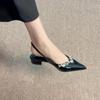 Pointed Rhinestone Flats Women's 2025 Spring New One-word Buckle Black Sandals Sexy Patent Leather Socialite Half-women Shoes
