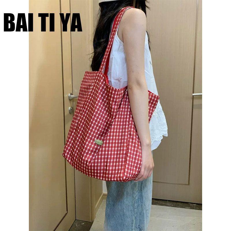 

Summer Fresh Double-sided Plaid Big Bag 2025 New Niche Children and Mother Canvas Bag Commuter Shopping Shoulder Bag Red