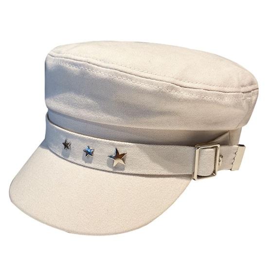 Women Extended Brim Beret Hat Flat Dome Star Decor Adjustable Newsboy Hat Outdoor Solid Color Painter Hat Streetwear