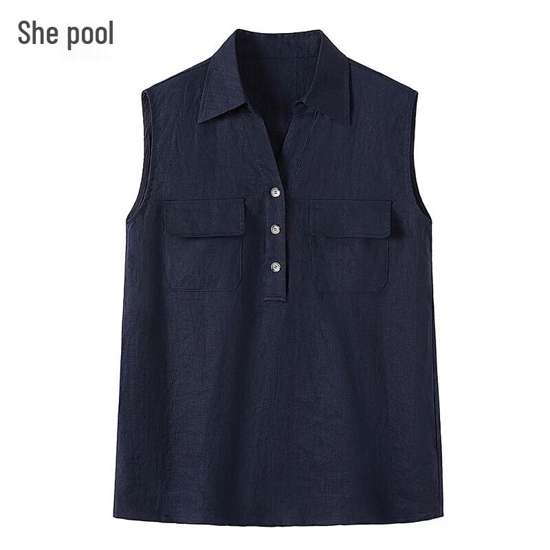 Women s Linen Sleeveless Lapel Blouse 2XL