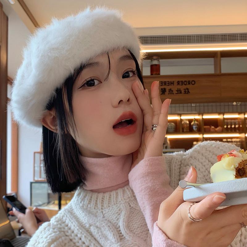 Rabbit White Elegant Fur Beret For Women Cozy Winter Hat Fashionable Cap Painter