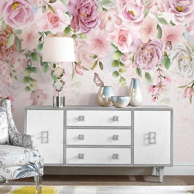 Papier Peint 3d Nordique Peint à la Main Fleurs Romantiques Photo Murale Décor Salon Chambre Peinture Murale 3d