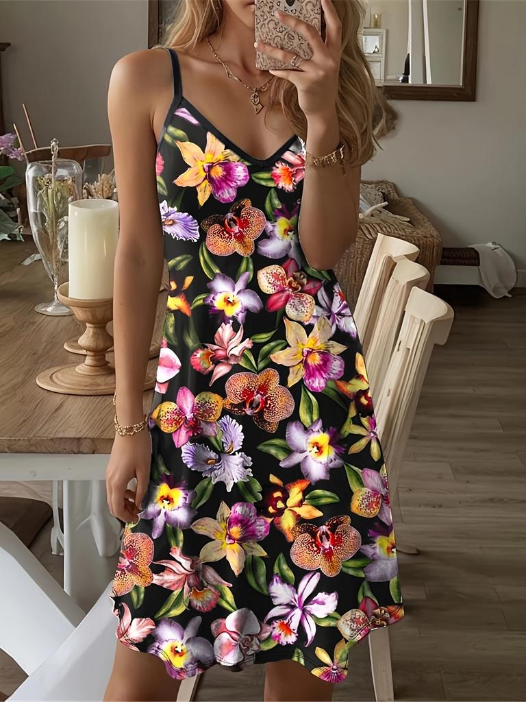 Europe, America, spring and summer new casual fashion flower print loose suspender short round neck medium and long dress