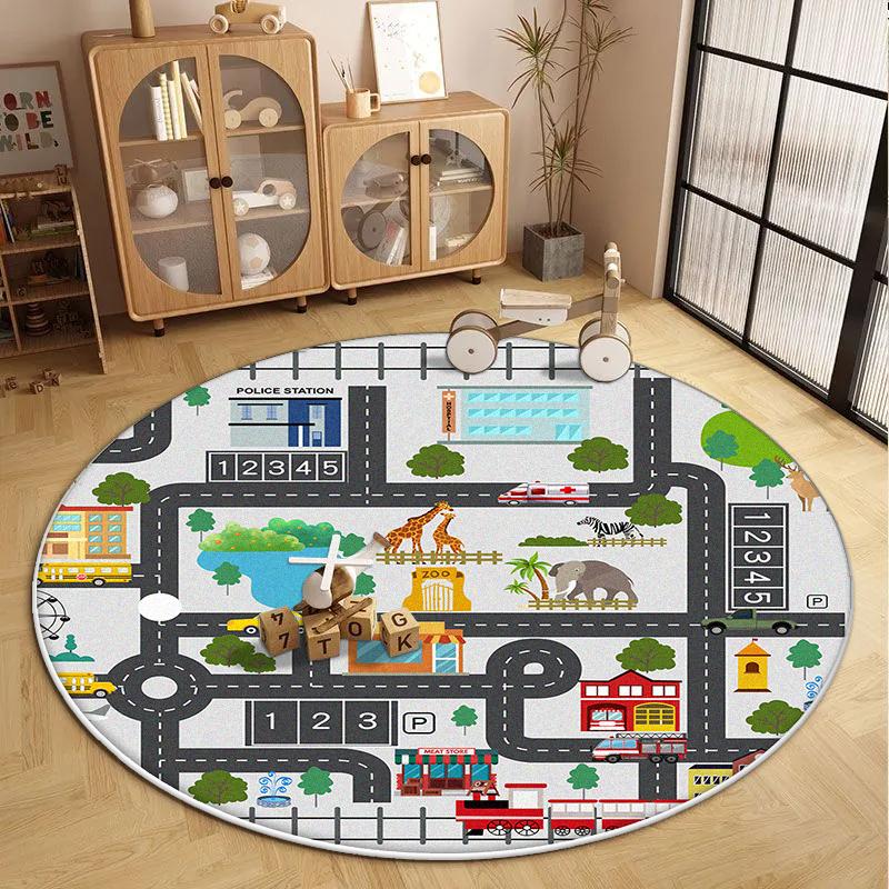 Children's Round Living Room Carpet Short Velvet Fluffy Soft Bedroom Decoration Rug Cartoon Traffic Road Play Floor Mat Antiskid