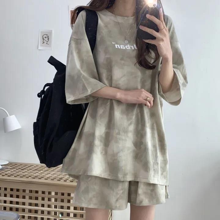 Women T-Shirt Shorts Suit Set Casual Tie Dye Loose Tshirt and Wide Leg Middle Shorts with Pockets Female Soft Summer Shorts Sets