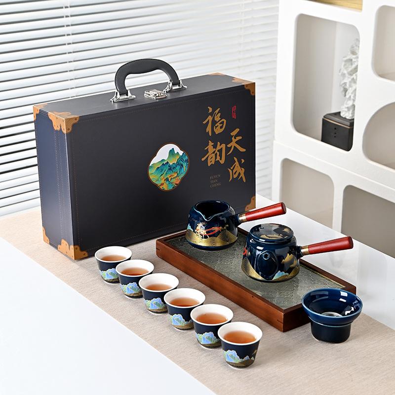 Bright glaze side handle Ji blue tea set ten-piece set gift box Kung Fu set ceramic annual meeting gift