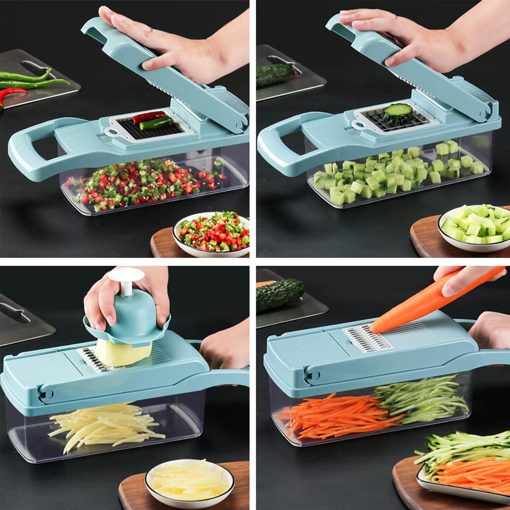 Blue Adjustable Mandoline Slicer with Large Food and Fruit Chopper 12-in-1 Bin, Multi-Blade Salad, Potato, Vegetable,