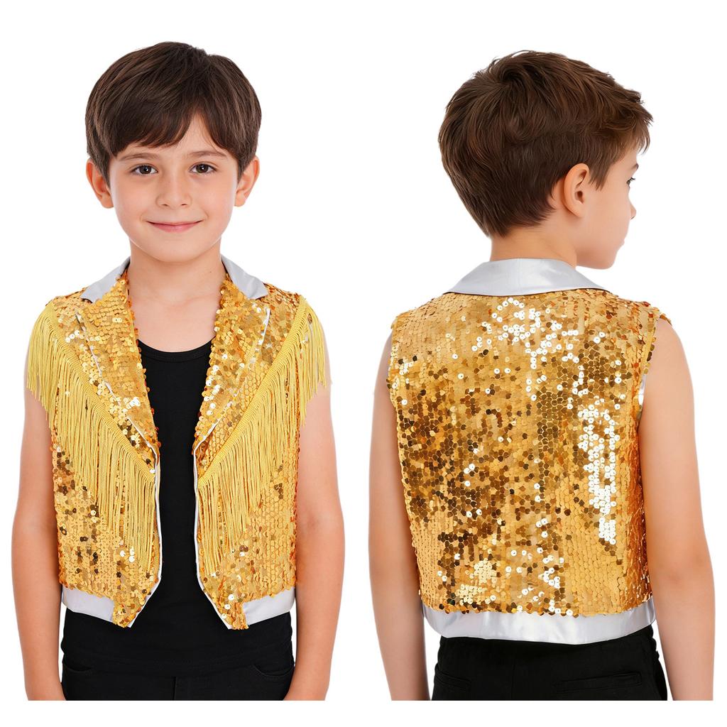 Boys Jazz Dance Stage Performance Tassel Sparkling Sequin Vest Contrast Color Lapel Collar Sleeveless Top