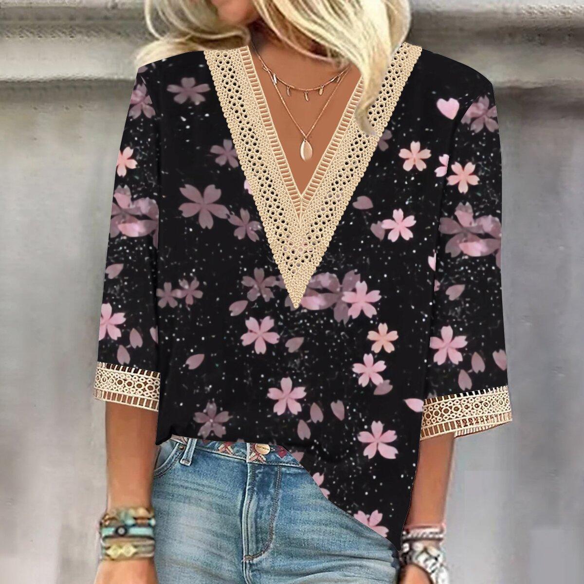 

Осень 2023, новая мода, женский повседневный топ с v-образным вырезом и рукавом 3/4 с принтом, большие размеры