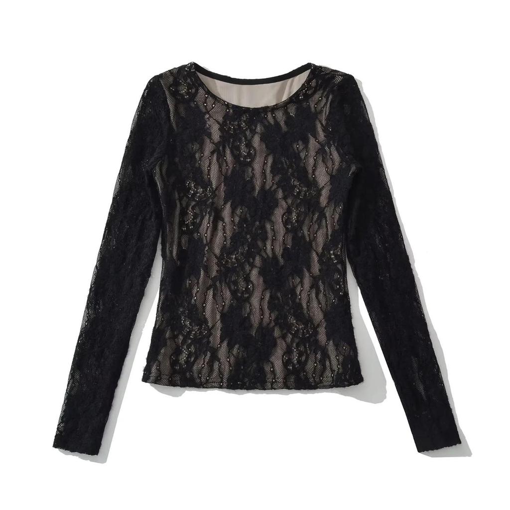 Stylish Double Layer Jacquard Mesh Top: Round Neck, Long Sleeve, Sexy Autumn Wear for Women