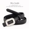 Womens Leather Belt Square Buckle Rhinestone Thin Fashion Waistband Dresses