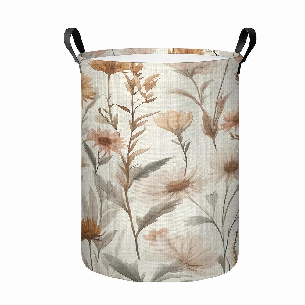 1pc, Neutral Dried Wildflower Watercolor Print Laundry Basket, Collapsible Storage Hamper, Warm Tone Farmhouse Clothes Storage Bin, Laundry Baskets