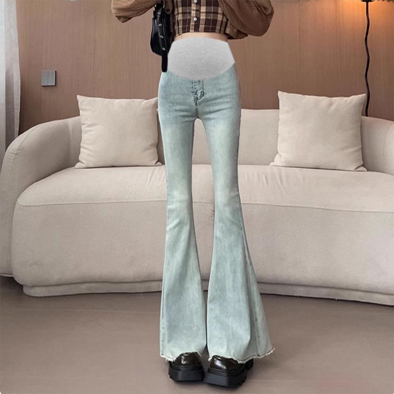 

Maternity Skinny Flare Jeans: Elastic Belly Band, Frayed Hem, Spring/Autumn Casual Wear, Korean Style M синий