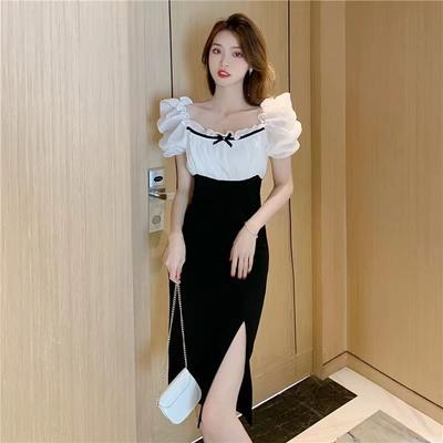 New Slim Temperament Slim Dress Summer French Splicing Hip Skirt Bubble Sleeve Skirt Women
