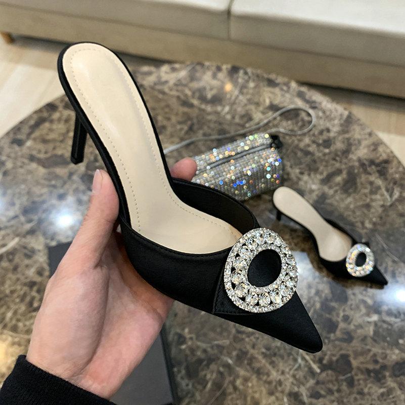 Fashion French High-Heeled Women'S 2025 Satin Rhinestone Toe Cap Slippers With Pointed Tips And Thin Heels, Stylish Small Single Shoes