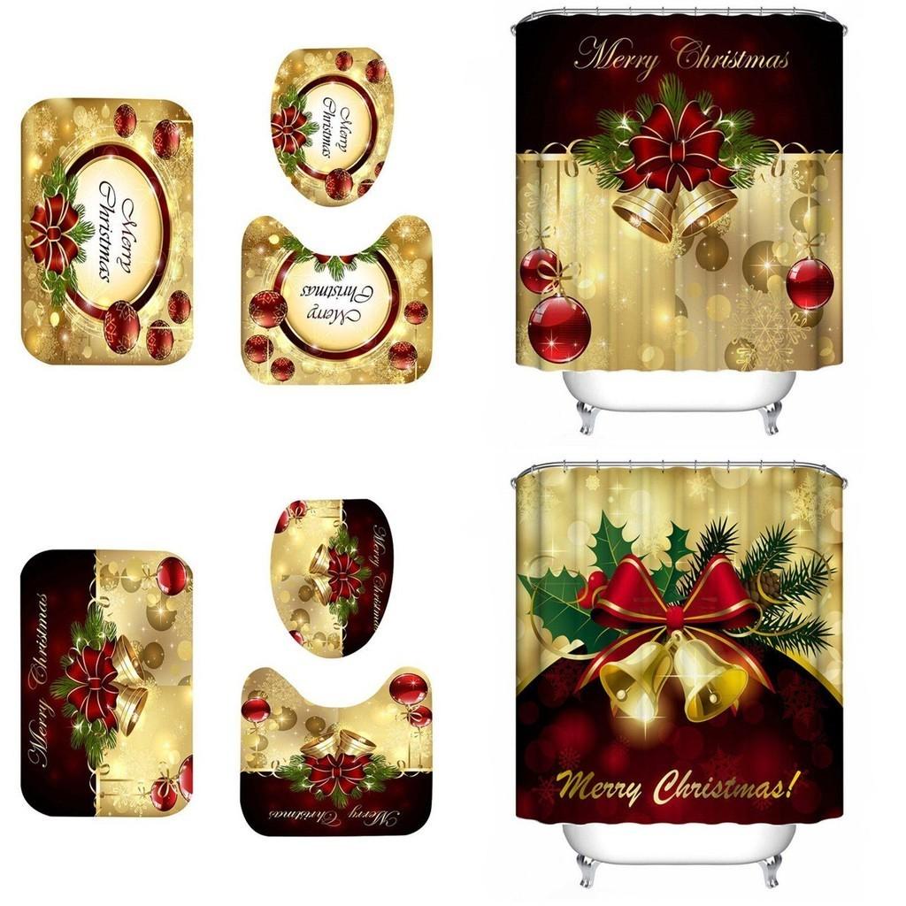 Luxurious Christmas Shower Curtain Toilet Seat Cover Mat Set For Festive Bathroom Decor