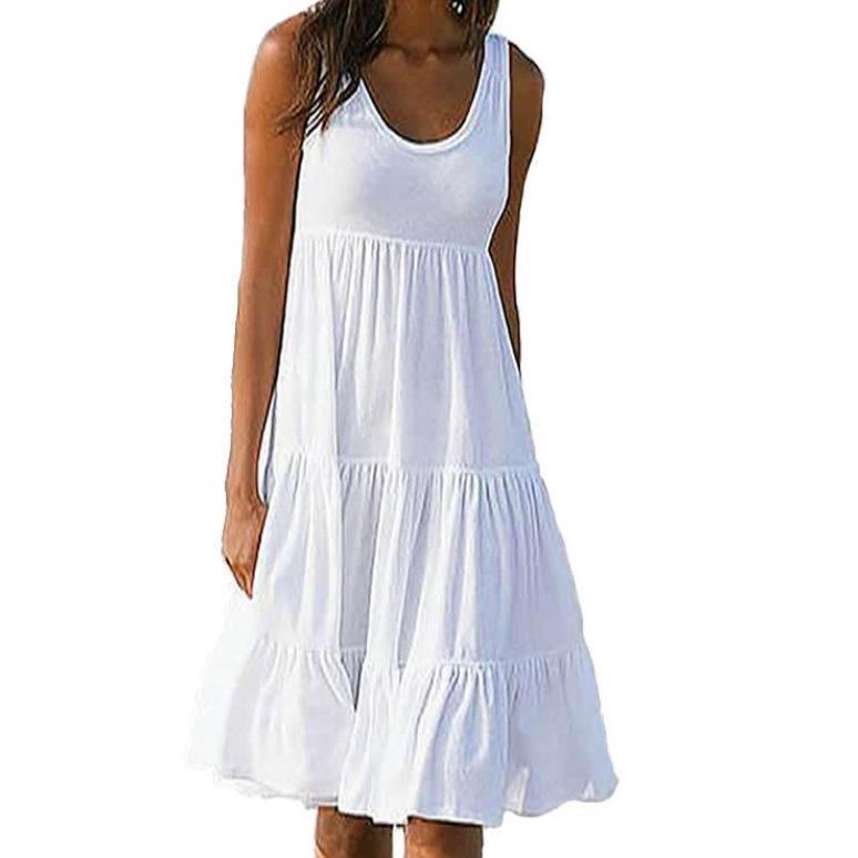 Summer Women's Plus Size Women O-Neck Sleeveless Ruffles Mini Dress Boho Solid Beach Sundress Oversized Loose Dress