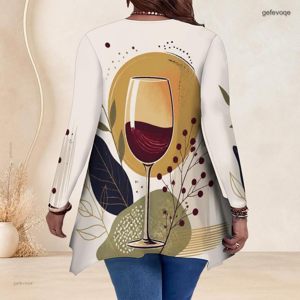 Women Plus Size V Neck Long Sleeve Motorcycle Printed Asymmetric Hem Tunic Top